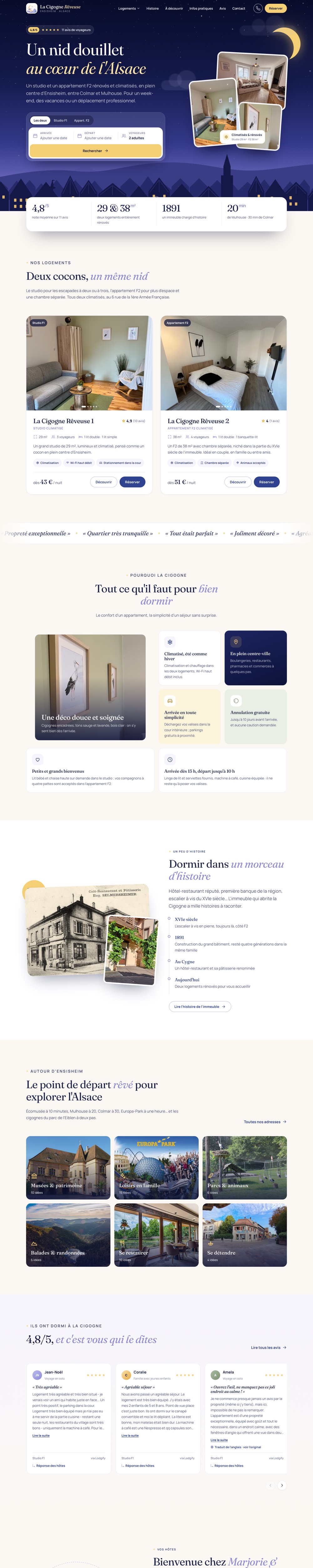 La Cigogne Rêveuse home page on a computer: starry sky, booking widget and photos of the apartments.